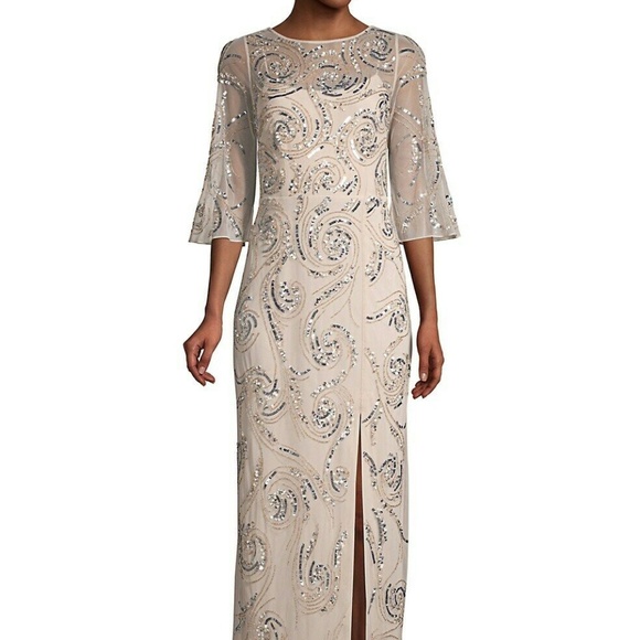 NWT‎ $495 Aidan Mattox 3/4 Sleeve Beaded Column Gown in Champagne [SZ 6 ] - Picture 14 of 16
